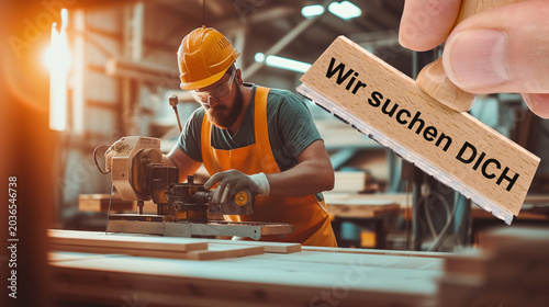 Ein Holzstempel ist beschriftet mit dem Aufdruck: Wir suchen DICH über dem Bild von einem Schreiner bei der Arbeit - FOTOMONTAGE