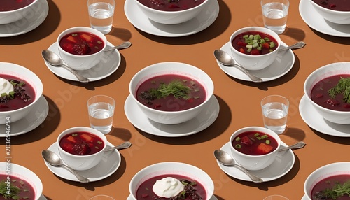 Hearty Beetroot Borscht Soup With Garnish And Bread Served In White Bowl With Spoon And Water Glass Top View