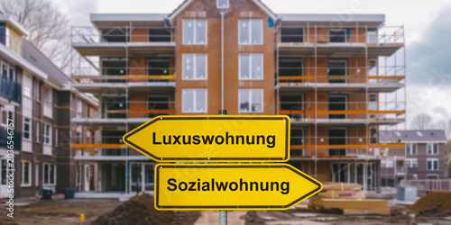 Vor einem Wohngebäude steht symbolisch ein Wegweiser mit dem Aufdruck Luxuswohnung vs. Sozialwohnung und in unterschiedliche Richtungen zeigt - FOTOMONTAGE