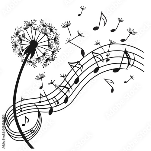 Fotografija Single dandelion transforming into musical notes and flowing staff lines a fusion of nature's beauty and melodic expression