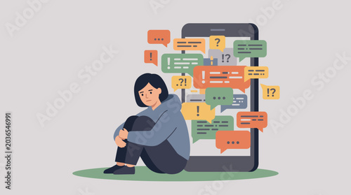 Foto Sad Depressed Young Woman Sitting Alone Overwhelmed by Cyberbullying and Smartph