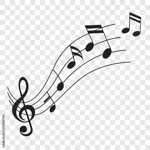 Billede på lærred Musical notes and treble clef on curving staff lines symbolizing melodic composition and sound with abstract artistic graphic elements