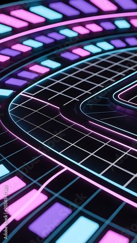 Vibrant neon grid with pink, purple, and blue lights on a black background with a futuristic design and circular patterns