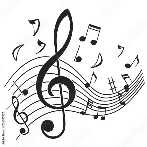 Bilde på lerret Stylized treble clef and modern musical notes on staff create flowing visual rhythm and harmony abstract design representing melodic composition and song creation artistic expression
