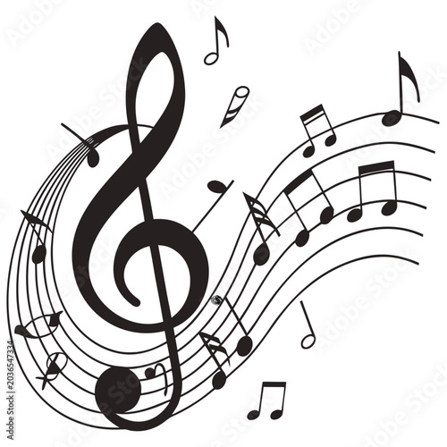 Photos Abstract treble clef and artistic musical notes on staff create dynamic visual rhythm and harmony design representing melodic composition and song creation artistic expression fluid style