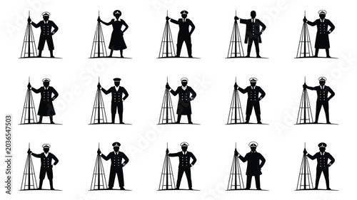 Schilderij op canvas Group of sailors standing with a lighthouse vector silhouette illustration
