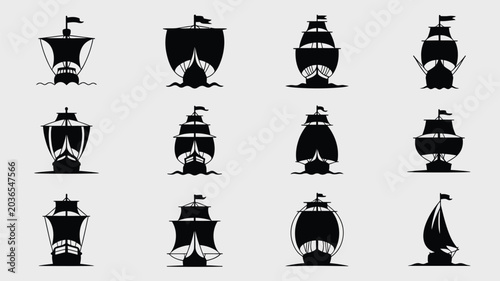 Quadro su tela Front view silhouettes of vintage sailing ships collection in black on light background