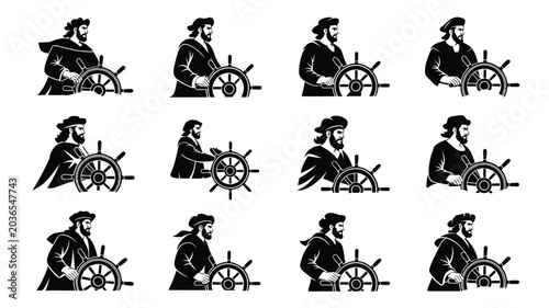 Bild auf Leinwand Captain on ship steering wheel silhouette with beard and hat.