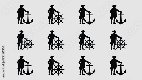 Foto Set of black silhouettes of sailors or pirates holding anchor and ship wheel collection