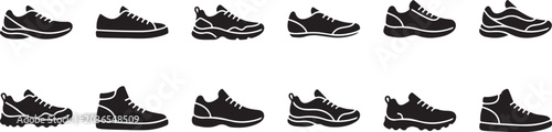 Fotografie Running Shoes Icon Set Sneaker Footwear Sports Shoe Silhouette Vector Illustrati