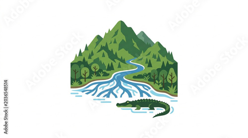 Bild auf Leinwand Alligator in a River Delta Surrounded by Mountains and Forests.