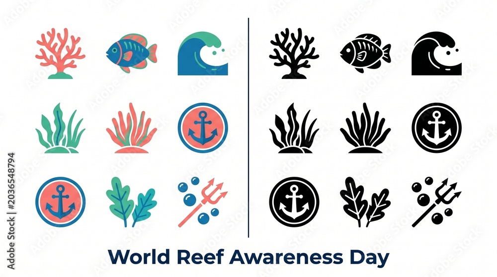 Fototapeta premium World Reef Awareness Day flat vector icon set with coral, fish, sea weeds and ocean waves in color and black silhouette