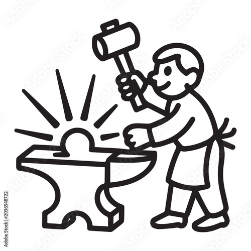 Cute blacksmith boy working with hammer and anvil cartoon line art vector