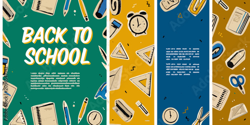 Quadro su tela School supply vector illustrations with colorful backgrounds and repeating patte
