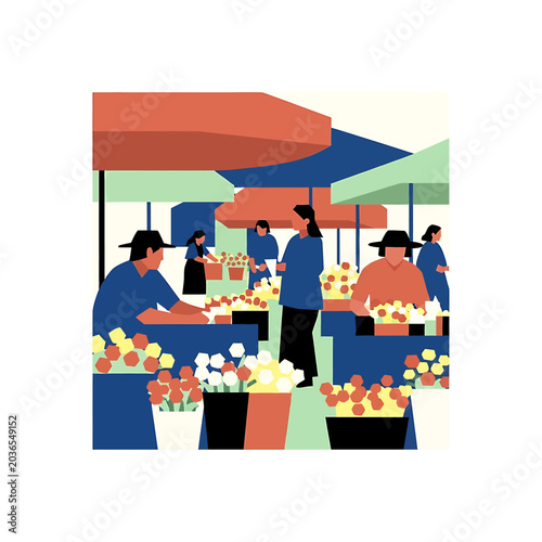 Fotografia People selling flowers at outdoor market.