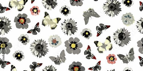 Fotografía Floral And Butterfly Pattern Vector Illustration With Gray And Red Tones