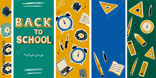 Billede på lærred Back to school supplies vector illustration with clocks pencils and geometric sh
