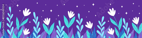Seamless horizontal floral pattern with whimsical white flowers, blue leaves and sparkling stars on deep purple background. Dreamy floral night garden