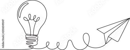 One continuous line drawing of light bulb and paper plane, representing ideas and communication.