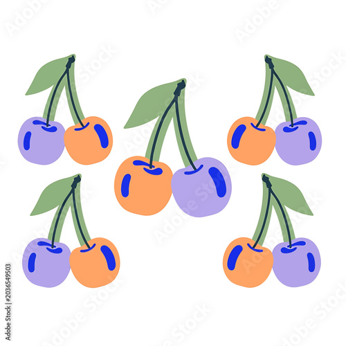 Colorful illustration of cherries on stems.