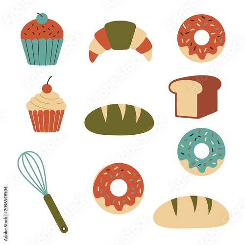 Colorful illustration of baked goods assortment.
