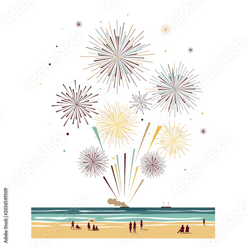 Fireworks exploding over beach scene at night.
