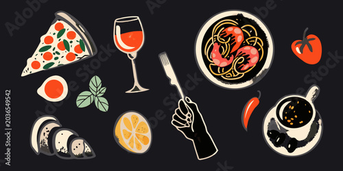 Food collage illustration with pasta pizza and fruit on dark background
