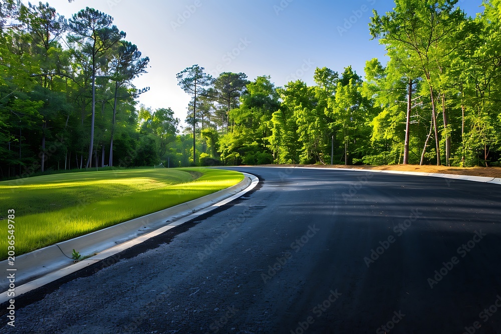 Fototapeta premium Newly paved road through forest landscape with trees