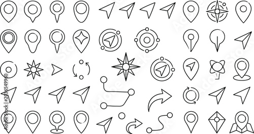 Map location pins and GPS navigation line art vector icon set featuring compass directions route mapping and arrow pointers