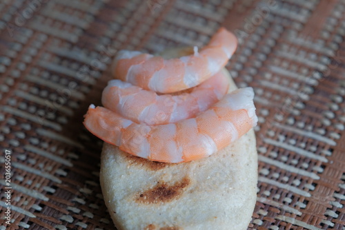 boiled shrimp. boiled northern shrimp. three fresh shrimp