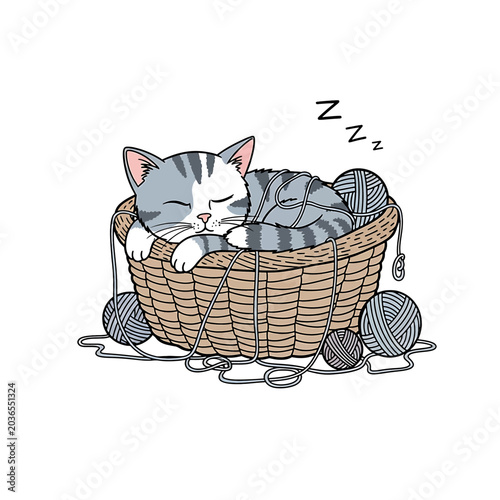 Sleeping cat in wicker basket surrounded yarn.