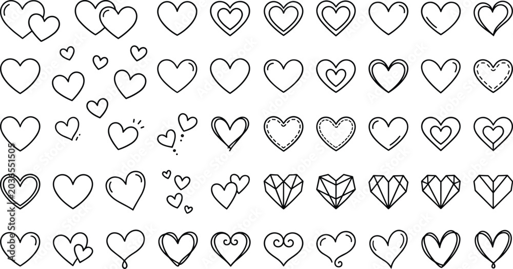 Fototapeta premium Heart doodles line art vector icon set featuring geometric shapes double hearts and romantic decorations for Valentine day