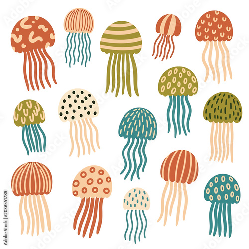 Colorful jellyfish in various patterns.