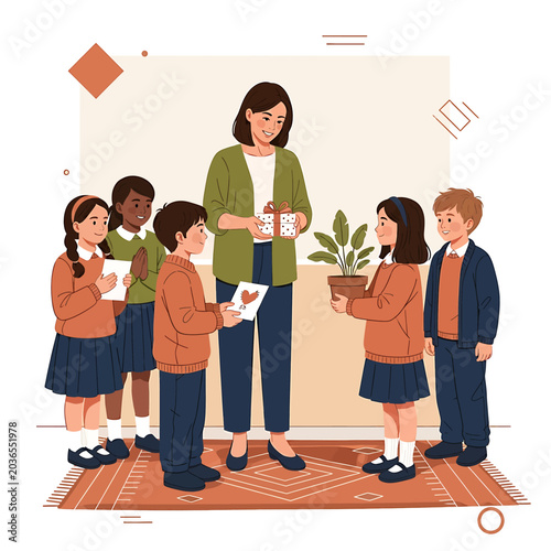 Teacher and students with potted plant.