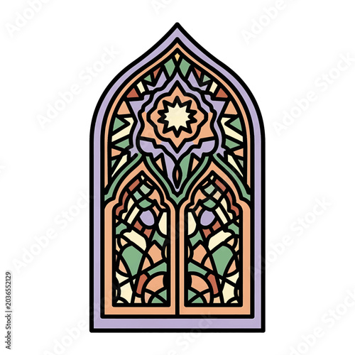 Colorful stained glass window design element.
