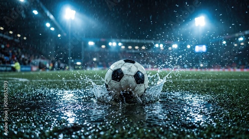 Low Angle Splash of Soccer Ball in Puddle on Rain Slicked Pitch