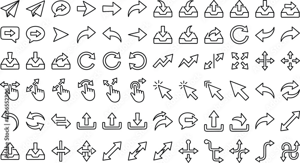 Obraz premium Arrow pointer line art vector icon set featuring cursors hand gestures upload download share next refresh and navigation symbols