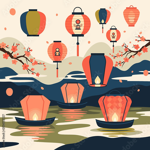 Vibrant Lanterns on Water Scene.