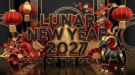 Lunar new year 2027 year of the goat decorative greeting background featuring Chinese lanterns and dragon imagery celebration background traditional ornamental greeting