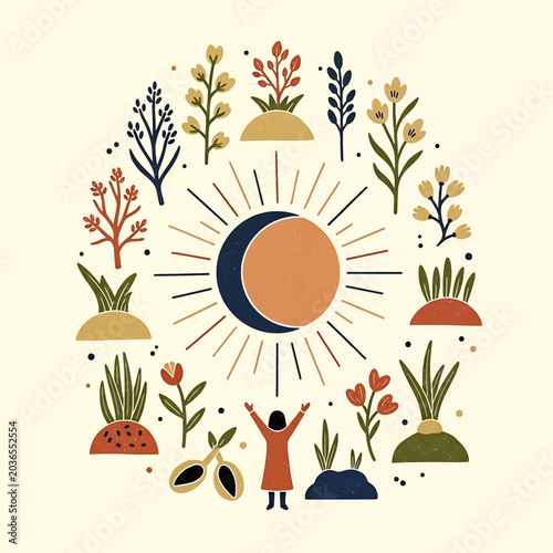 Woman Surrounded by Flowers and Sun.