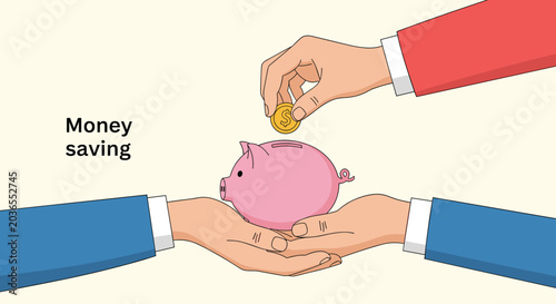 Pink piggy bank held by hands while another person drops a gold coin in to illustrate money saving and investment concepts.