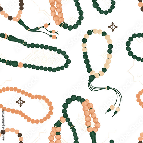Colorful prayer beads on white background.