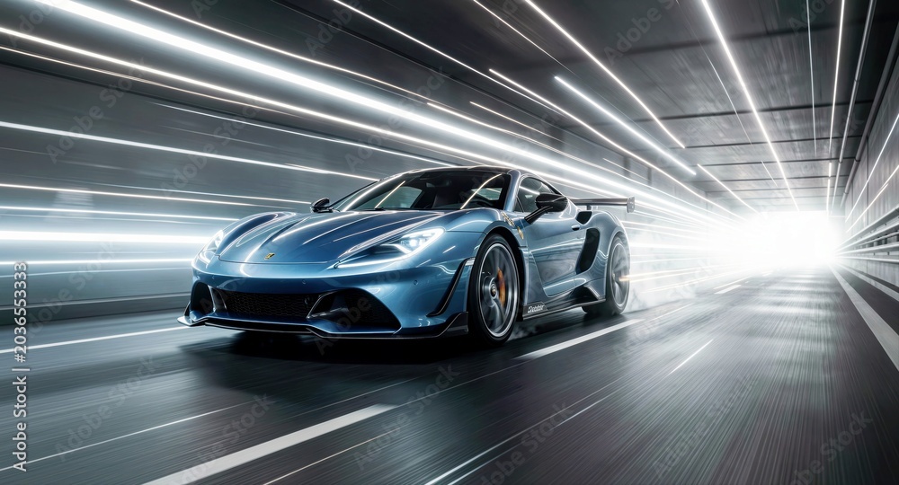 Fototapeta premium Dynamic blue sports car speeding through a bright light tunnel for automotive marketing.