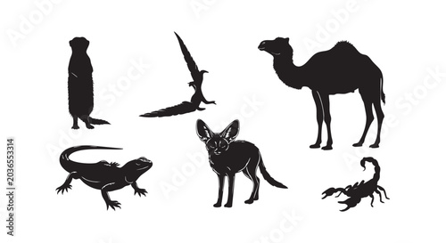 Foto Desert wildlife animal silhouette collection featuring camel fennec fox meerkat scorpion lizard and bird in black icons