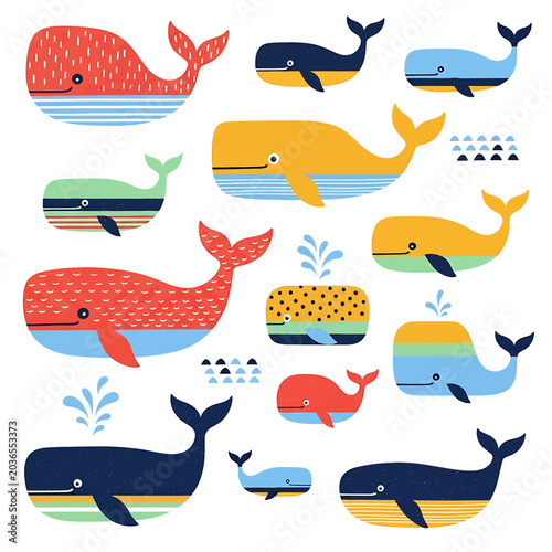 Colorful Whales in Various Sizes.