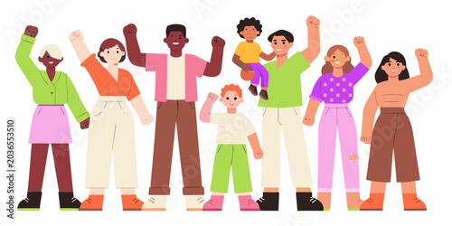 Fotografija Group Of Eight People Celebrating With Raised Arms Vector Illustration