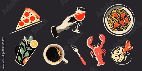 Quadro em tela Food Collage Featuring Pizza Pasta Lobster And Beverages Vector Illustration