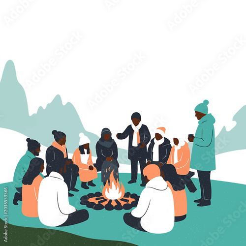 Diverse group gathered around campfire outdoors.