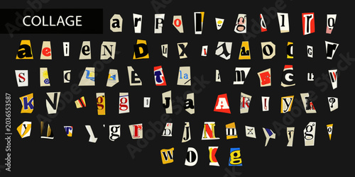Foto Cutout alphabet letters collage red and white on black background