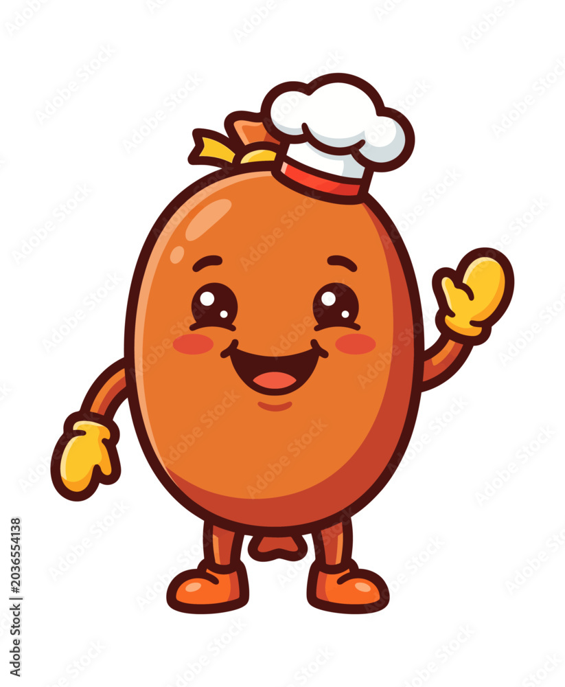 Fototapeta premium Cute Sausage Chef Mascot Character Waving Hello Kawaii Food Illustration